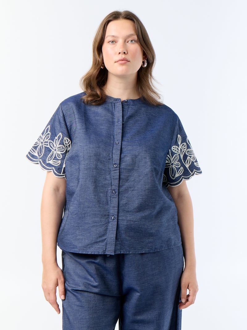 Camisa con mangas bordadas Azul - Kiabi