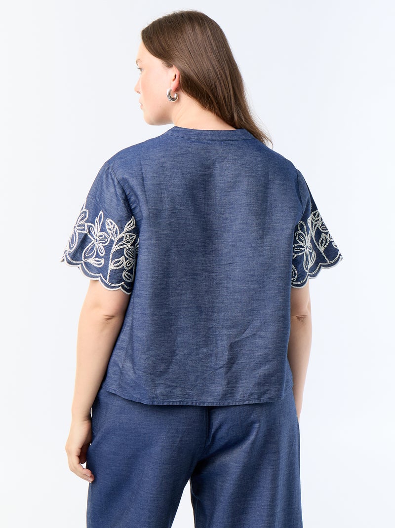 Camisa con mangas bordadas Azul - Kiabi