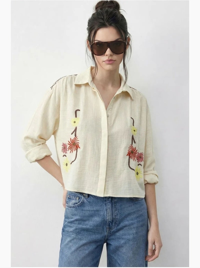 Camisa corta bordada con cierre de botones lucci Crema - Kiabi