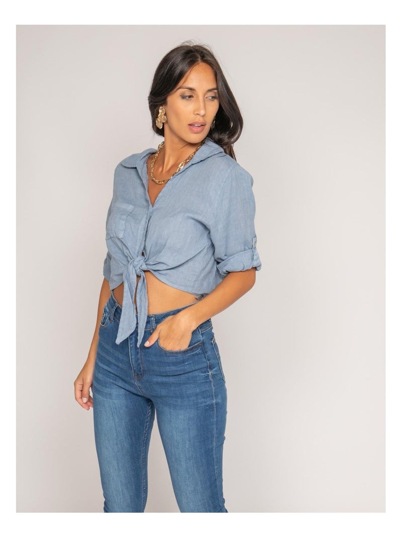 Camisa corta de lino ORTHENSE Azul - Kiabi