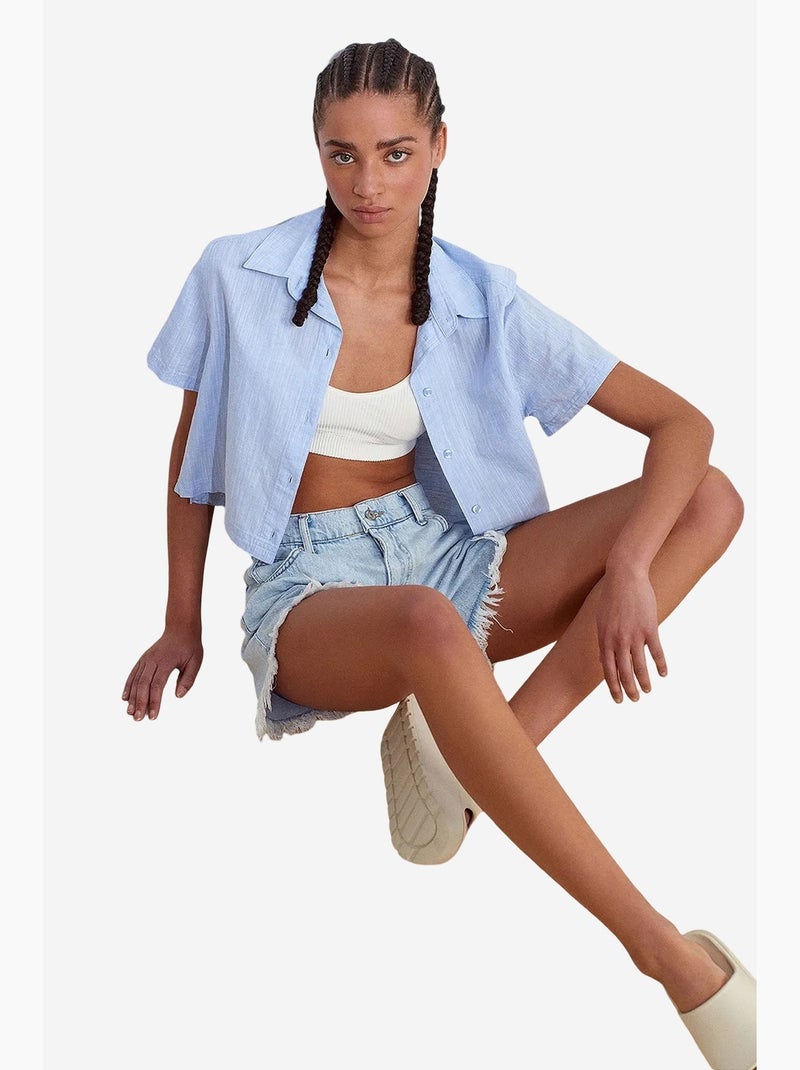 Camisa corta de mujer de mezcla de lino dilvin Azul cielo - Kiabi