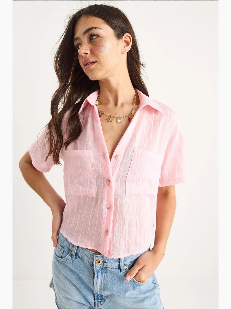 Camisa corta de viscosa con rayas del mismo color y detalle de doble bolsillo lucci Rosa fluo/Solinotes - Kiabi