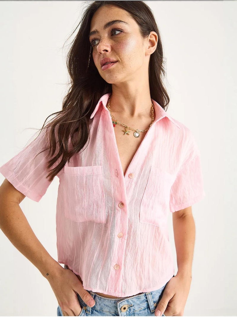 Camisa corta de viscosa con rayas del mismo color y detalle de doble bolsillo lucci Rosa fluo/Solinotes - Kiabi