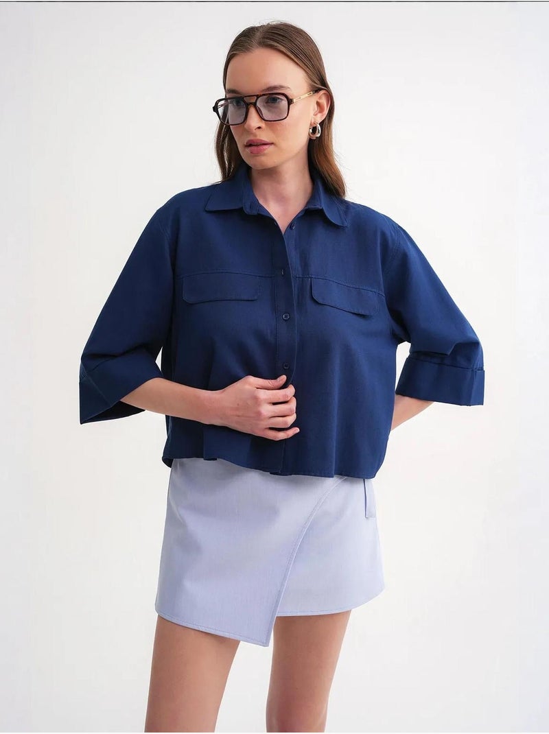 Camisa corta holgada con cierre de botones y bolsillo mixray Azul marino - Kiabi