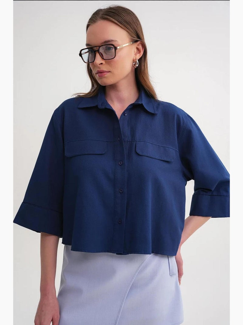 Camisa corta holgada con cierre de botones y bolsillo mixray Azul marino - Kiabi