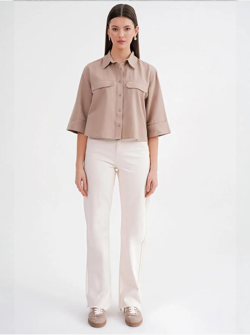 Camisa corta holgada con cierre de botones y bolsillo mixray Camel - Kiabi