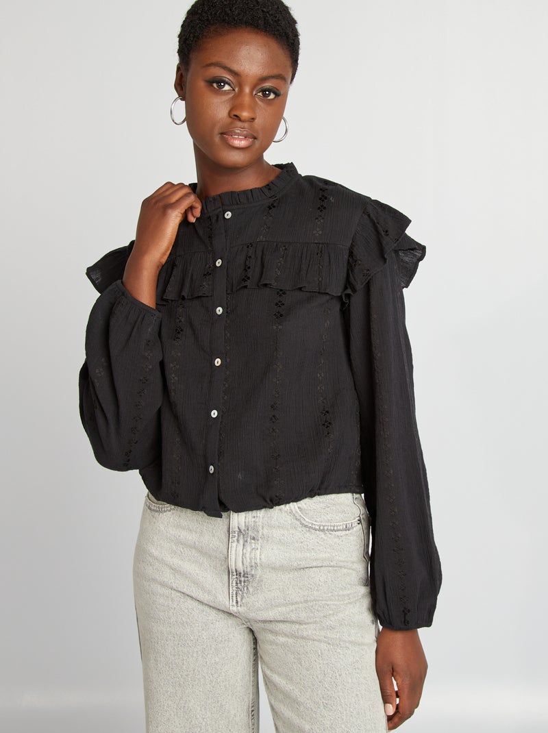 Camisa cropped con volantes negro - Kiabi