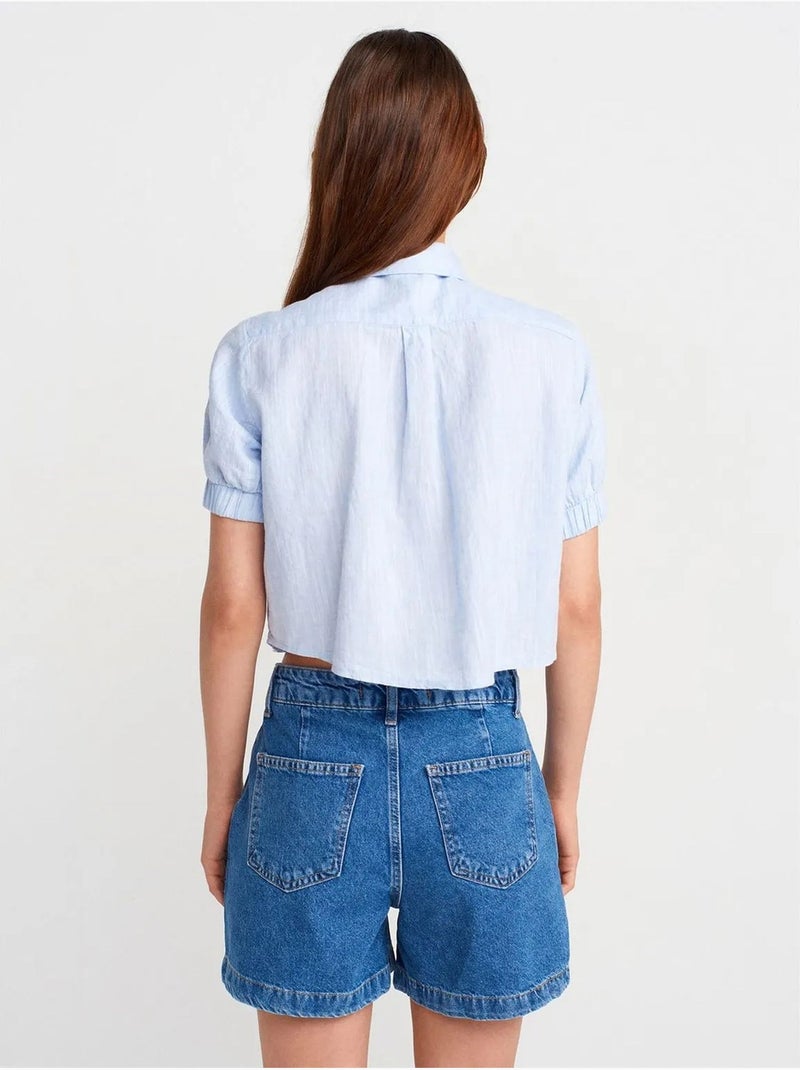 Camisa cropped de mujer de mezcla de lino dilvin Azul cielo - Kiabi