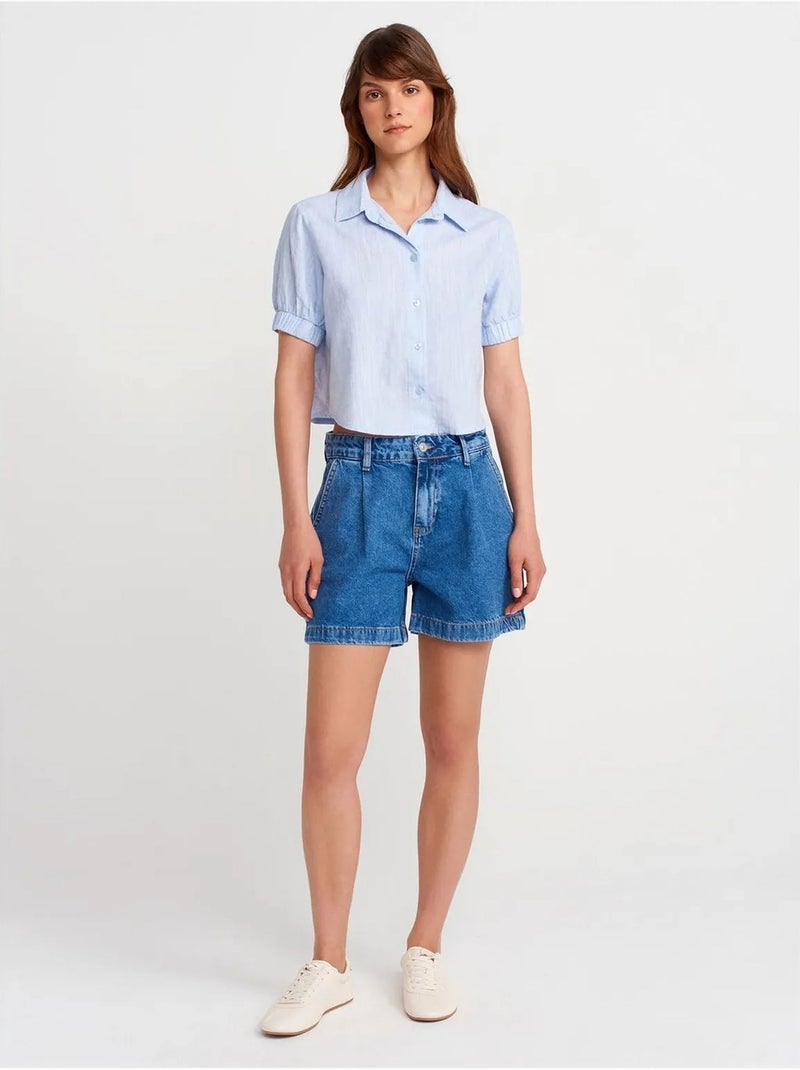 Camisa cropped de mujer de mezcla de lino dilvin Azul cielo - Kiabi