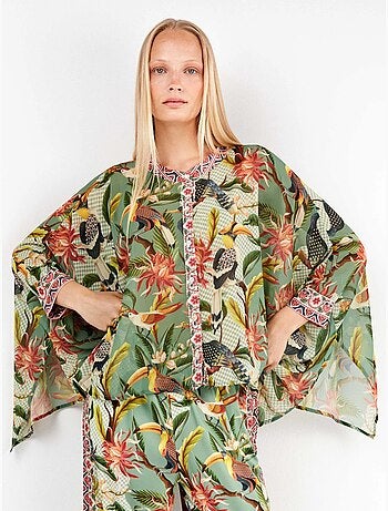 Camisa cuadrada estampada con cierre de botones, de gasa
