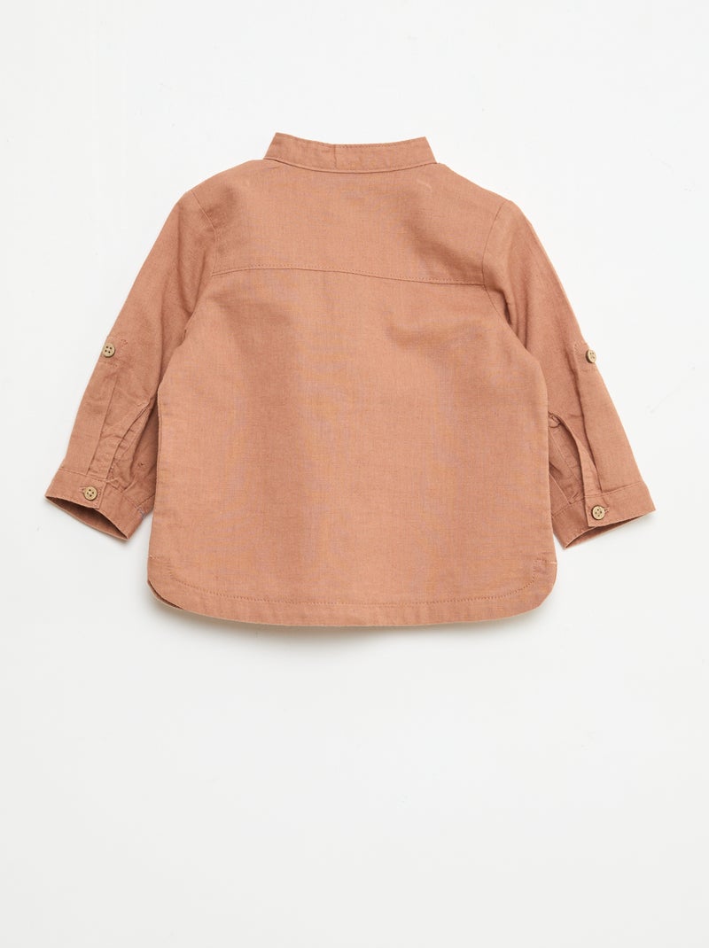 Camisa cuello mao con mangas remangables Marron - Kiabi