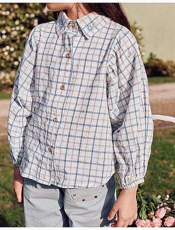 Camisa de algodón a cuadros con mangas abullonadas