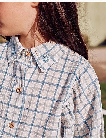 Camisa de algodón a cuadros con mangas abullonadas