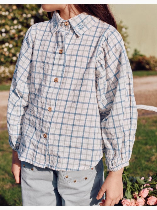 Camisa de algodón a cuadros con mangas abullonadas - Kiabi