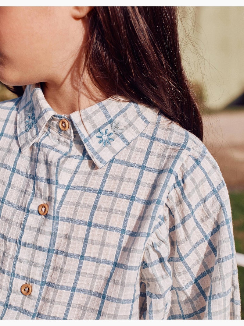 Camisa de algodón a cuadros con mangas abullonadas Verde claro - Kiabi