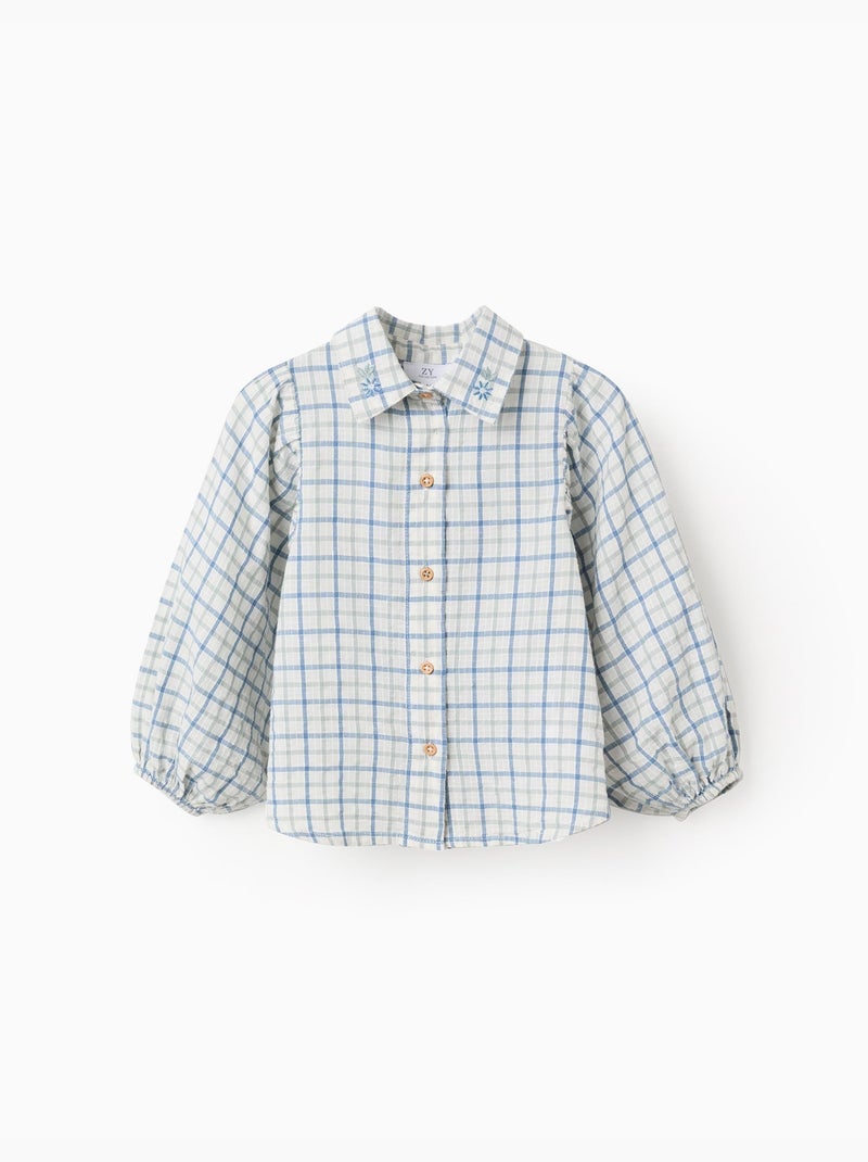Camisa de algodón a cuadros con mangas abullonadas Verde claro - Kiabi