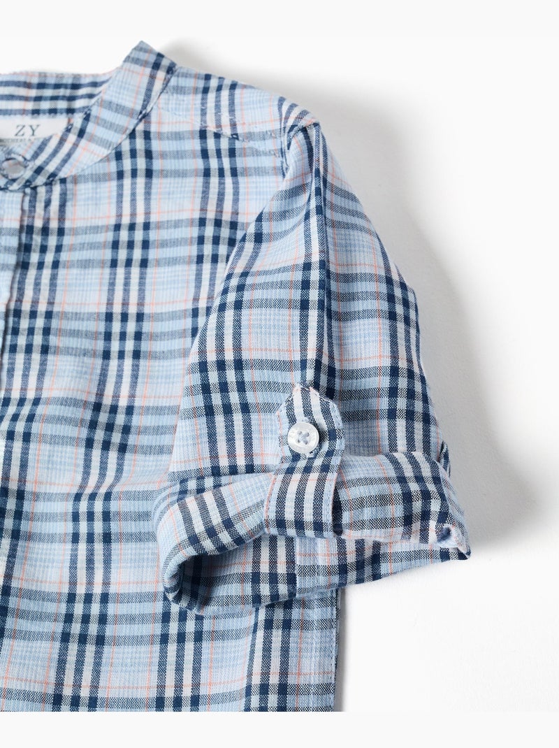 Camisa de algodón a cuadros con mangas enrolladas B&S Azul oscuro - Kiabi
