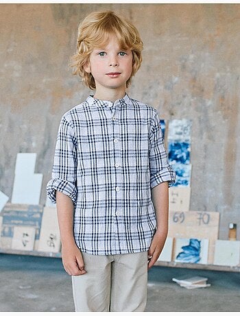 Camisa de algodón a cuadros con mangas remangables B&S