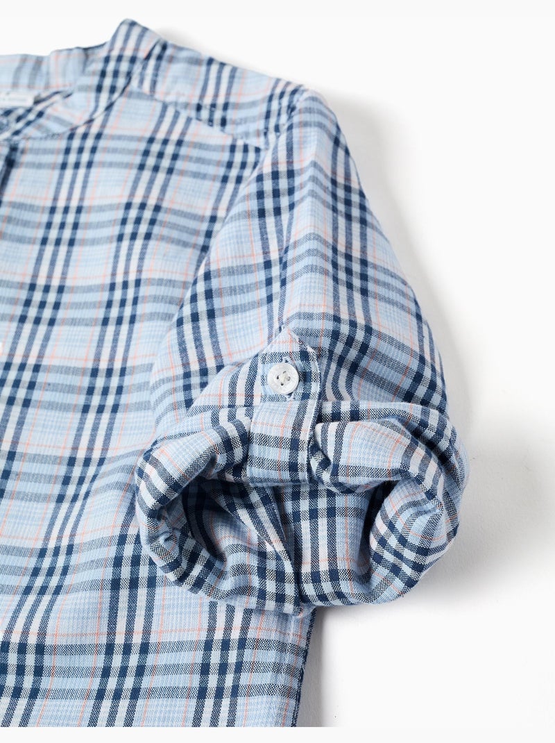 Camisa de algodón a cuadros con mangas remangables B&S Azul oscuro - Kiabi