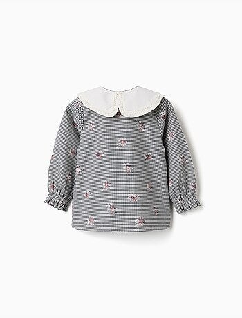 Camisa de algodón a cuadros Vichy con estampado floral