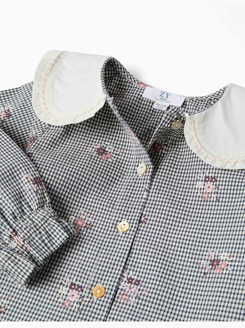 Camisa de algodón a cuadros Vichy con estampado floral - Kiabi Camisa de algodón a cuadros Vichy con estampado floral - Kiabi
