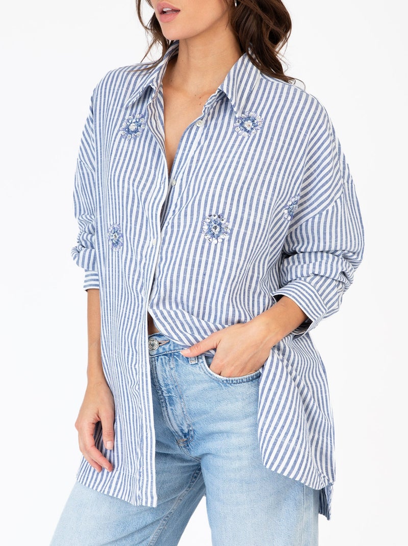 Camisa de algodón a rayas con detalles de bisutería - AFIBEL Azul - Kiabi
