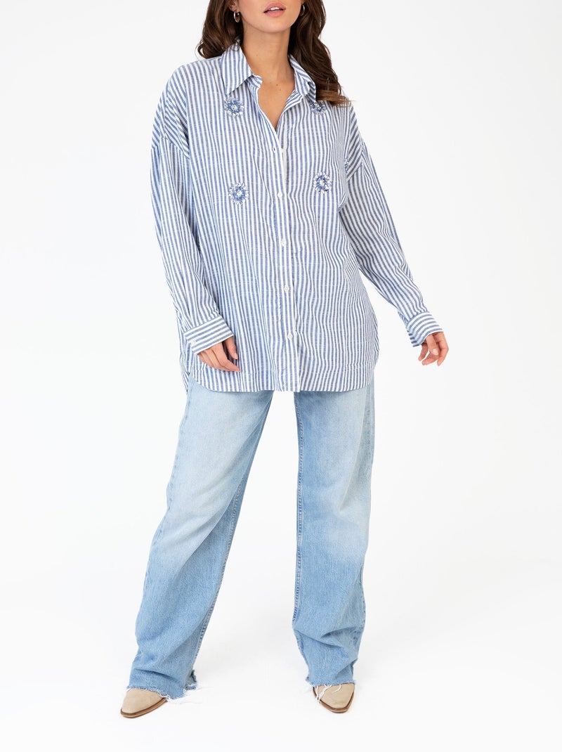 Camisa de algodón a rayas con detalles de bisutería - AFIBEL Azul - Kiabi