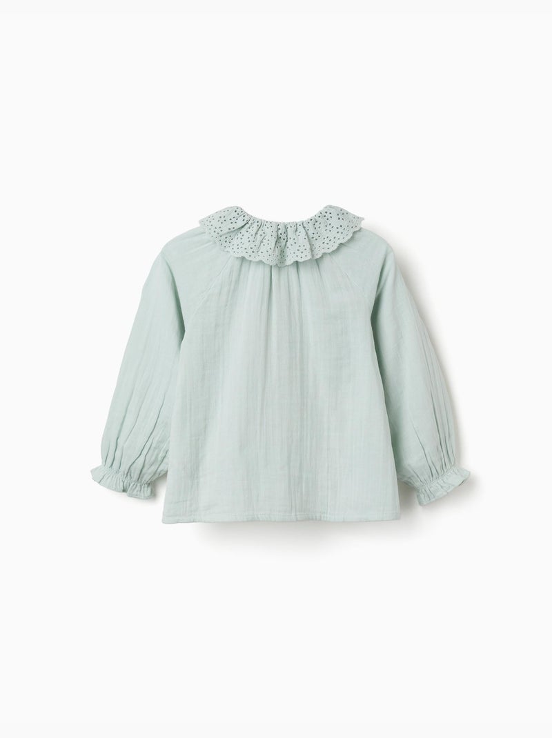Camisa de algodón con bordado inglés y volantes Azul claro - Kiabi