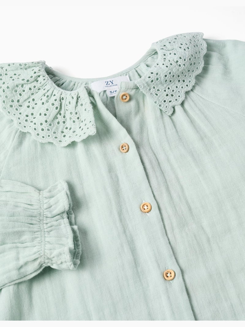 Camisa de algodón con bordado inglés y volantes Azul claro - Kiabi