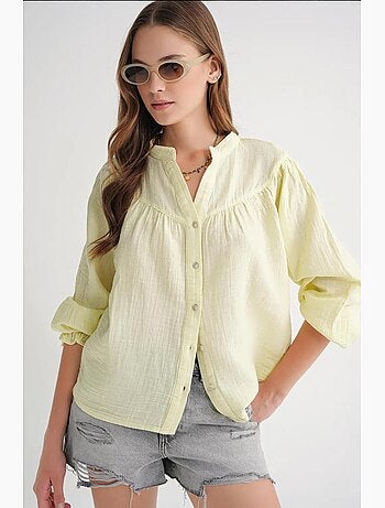 Camisa de algodón con cuello mao y botones mixray