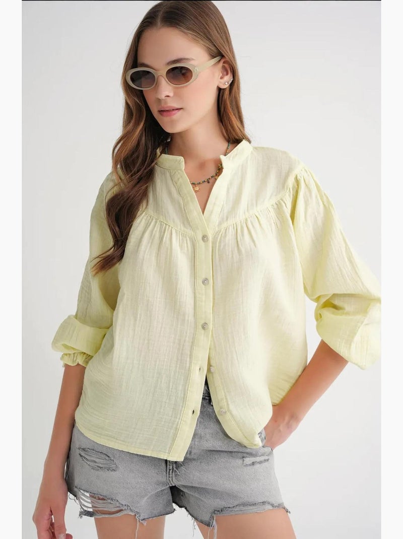 Camisa de algodón con cuello mao y botones mixray Amarillo - Kiabi