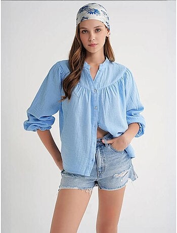 Camisa de algodón con cuello mao y botones mixray