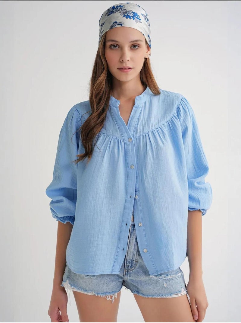 Camisa de algodón con cuello mao y botones mixray Azul cielo - Kiabi