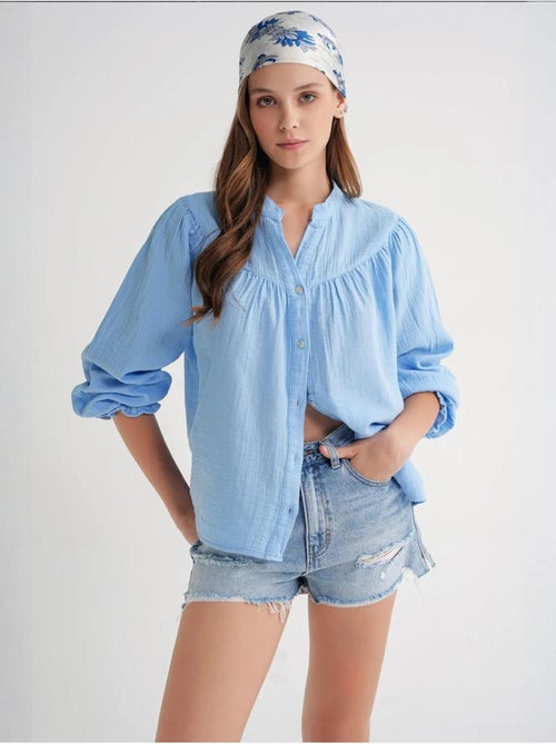 Camisa de algodón con cuello mao y botones mixray - Kiabi Camisa de algodón con cuello mao y botones mixray - Kiabi