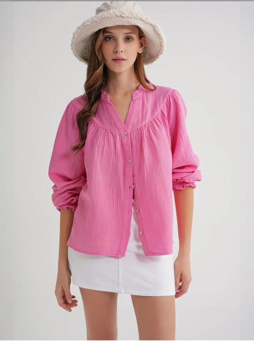 Camisa de algodón con cuello mao y botones mixray - Kiabi Camisa de algodón con cuello mao y botones mixray - Kiabi