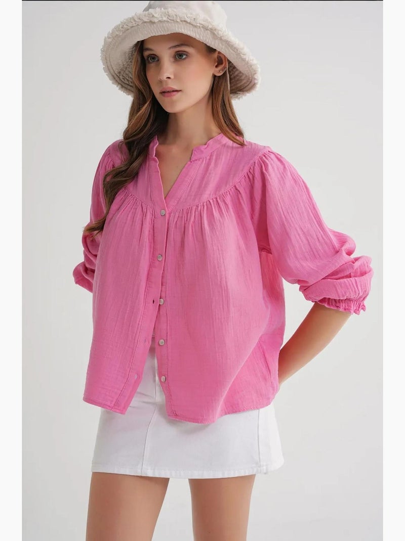 Camisa de algodón con cuello mao y botones mixray Rosa fluo/Solinotes - Kiabi