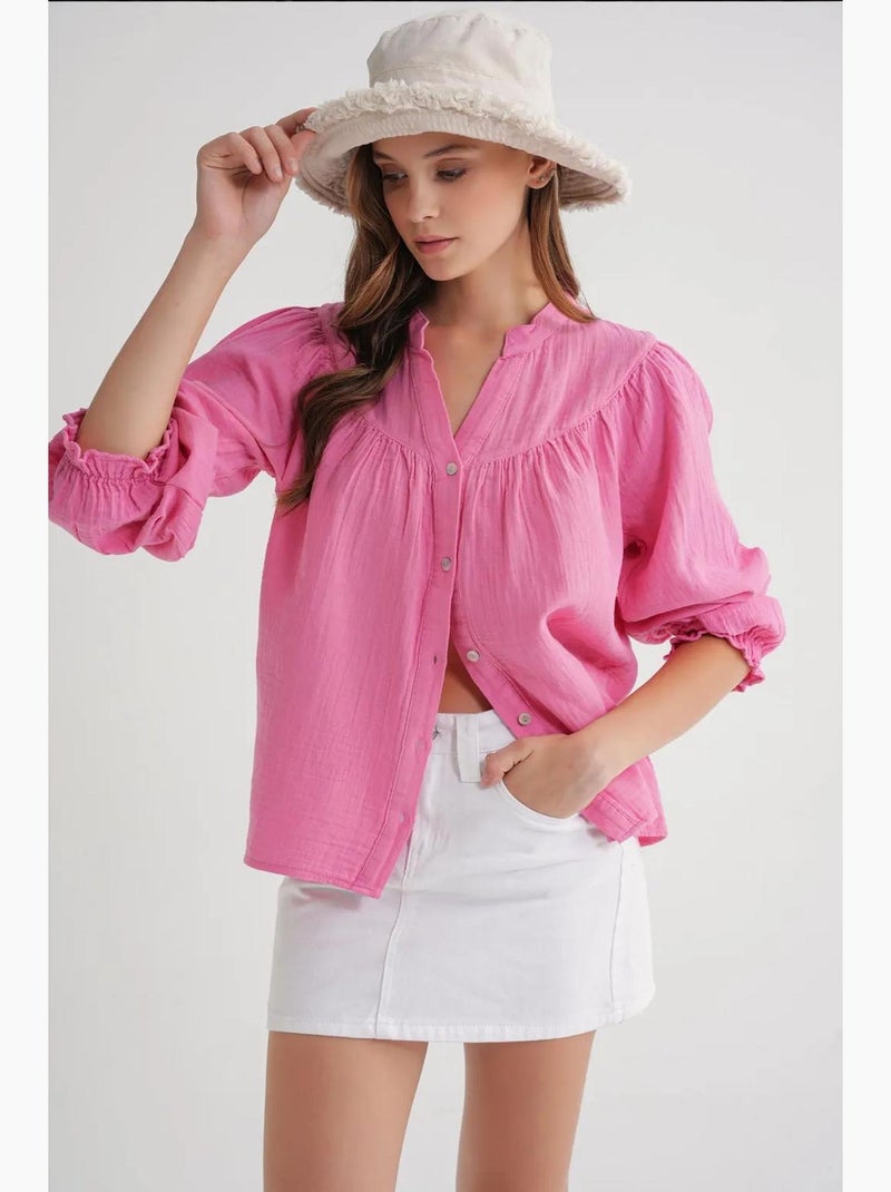 Camisa de algodón con cuello mao y botones mixray Rosa fluo/Solinotes - Kiabi
