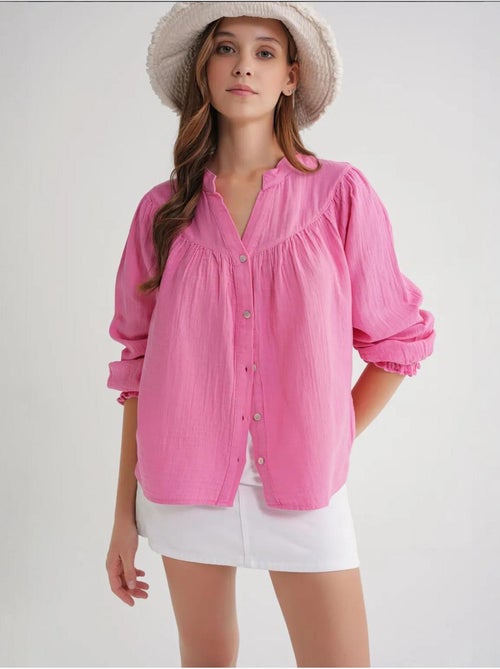 Camisa de algodón con cuello mao y botones mixray - Kiabi Camisa de algodón con cuello mao y botones mixray - Kiabi