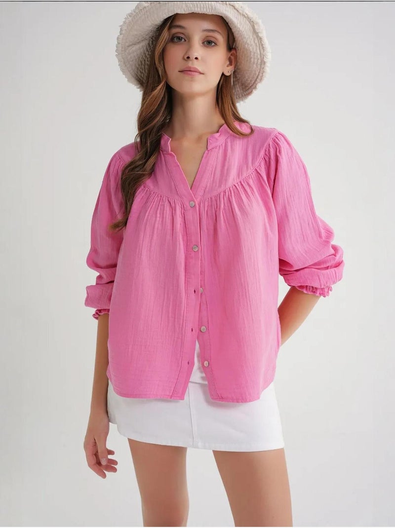 Camisa de algodón con cuello mao y botones mixray Rosa fluo/Solinotes - Kiabi