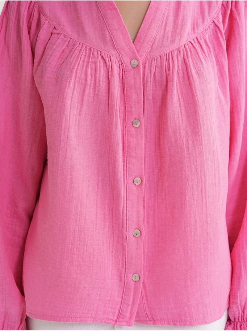 Camisa de algodón con cuello mao y botones mixray Rosa fluo/Solinotes - Kiabi