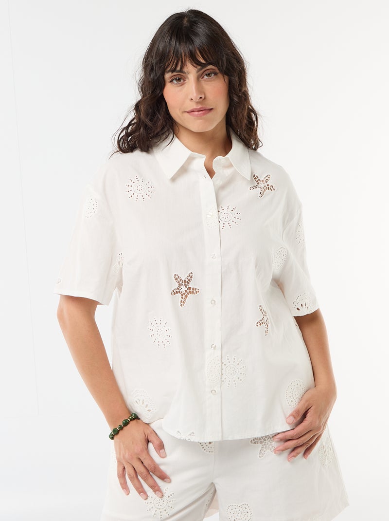Camisa de algodón con motivos calados Blanco - Kiabi