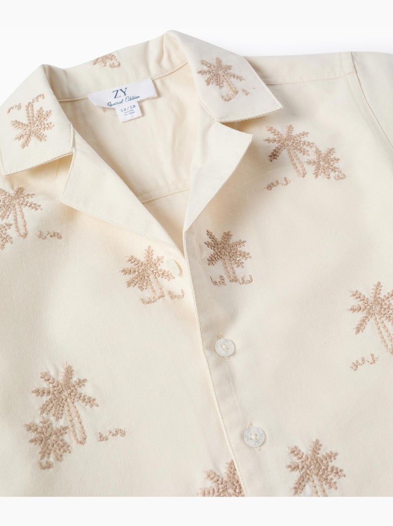 Camisa de algodón con palmeras bordadas Blanco - Kiabi