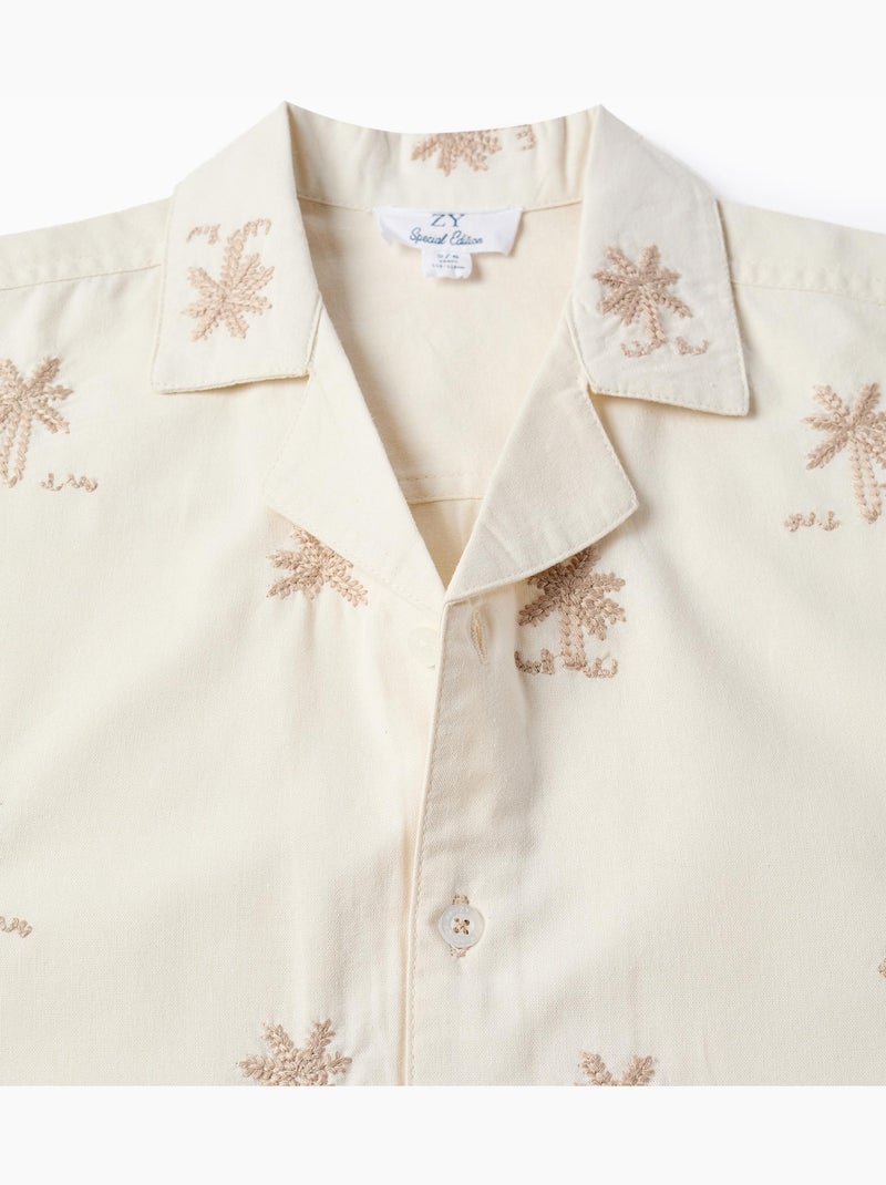 Camisa de algodón con palmeras bordadas Blanco - Kiabi
