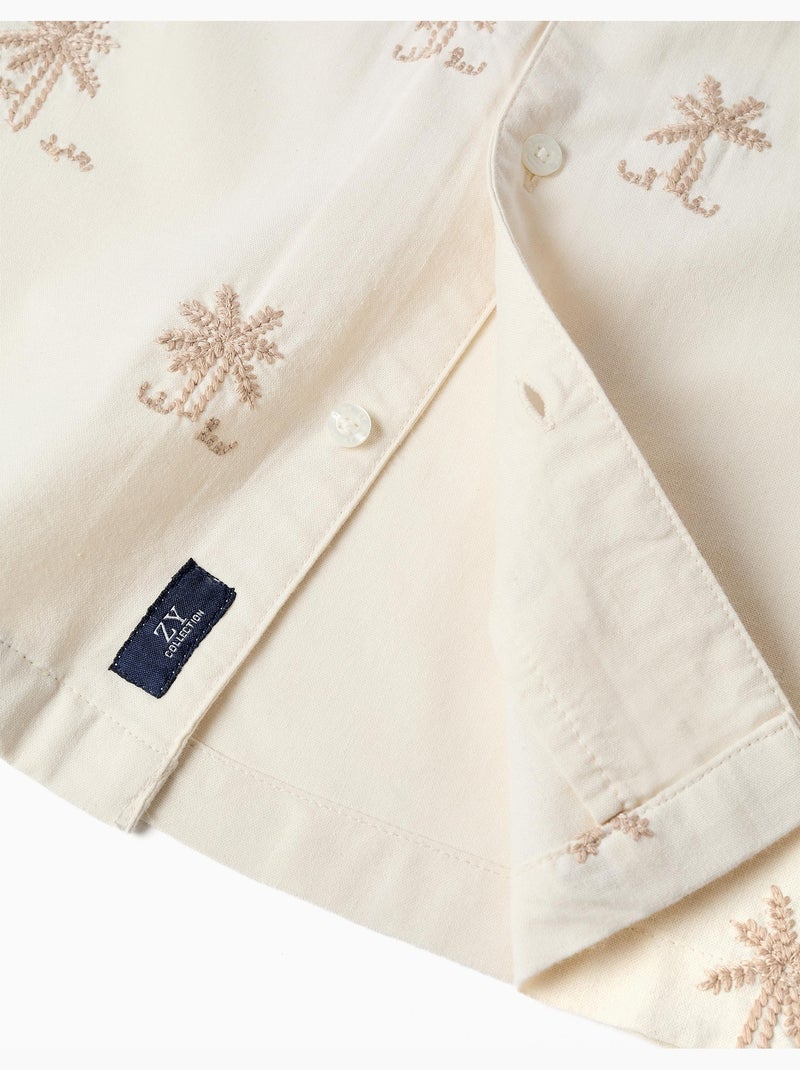 Camisa de algodón con palmeras bordadas Blanco - Kiabi