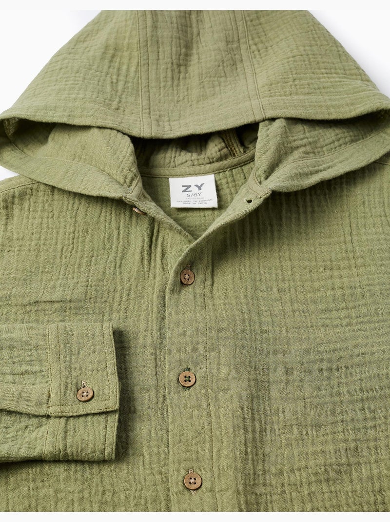 Camisa de algodón de manga larga con capucha Verde oscuro - Kiabi