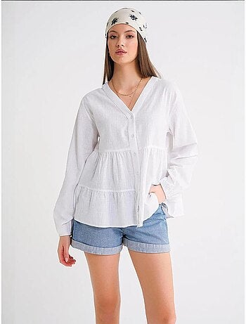 Camisa de algodón de manga larga con cuello en v y volantes mixray