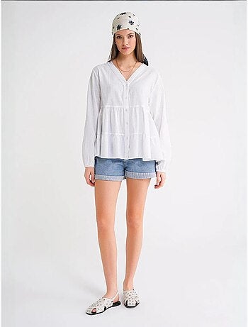 Camisa de algodón de manga larga con cuello en v y volantes mixray