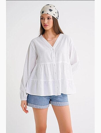 Camisa de algodón de manga larga con cuello en v y volantes mixray