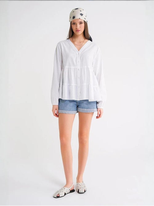 Camisa de algodón de manga larga con cuello en v y volantes mixray - Kiabi Camisa de algodón de manga larga con cuello en v y volantes mixray - Kiabi