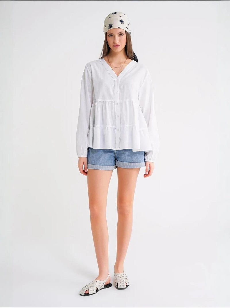 Camisa de algodón de manga larga con cuello en v y volantes mixray Blanco - Kiabi